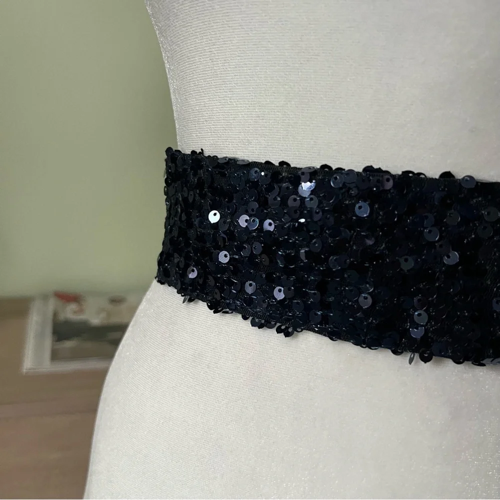 Navy Blue Sequin Shiny Bejeweled Thick Chunky Elastic Stretch Comfy Belt Accesso